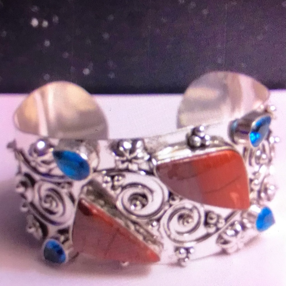 Snakeskin Jasper Blue Topaz Stamped Solid 925 Sterling Silver Cuff Bracelet